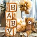 Teddy Bear Baby Shower Boxes Decorations Baby Boxes 4Pcs Wood Grains Bear Theme Baby Shower Brown Blocks with Printed Baby Letter for Gender Reveal Neutral Baby Shower Supplies