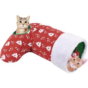 Pawaboo Cat Tunnel Christmas Sock with Bell Balls, Upgraded 2 Way Cat Tunnel Interactive Toy, Pet Xmas Stocking with Crinkle Paper & Strong Spring-Steel Frame for Cat Kitten Kitty, Red Christmas Tree