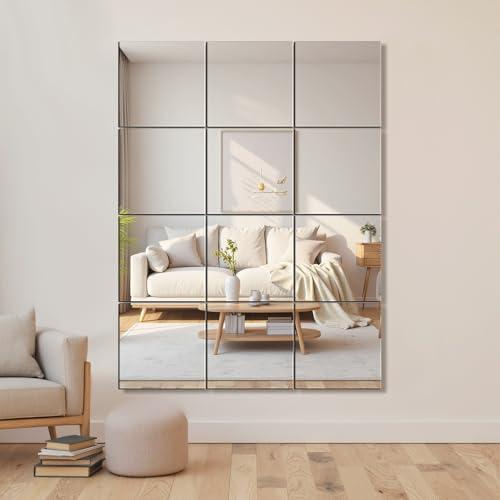 Delma Home Gym Mirrors, 12'' x 12'' Glass Mirror Tiles (12 PCS), Square Large Wall Mirror for Home Gym, Bedroom, Door,Bathroom, Frameless Mirror Sets