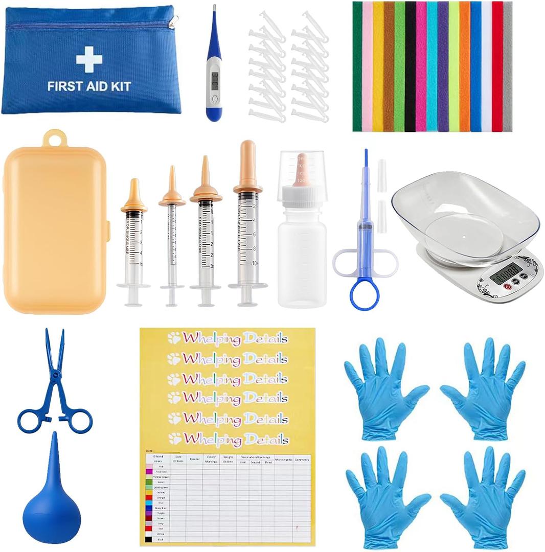 52pcs Puppy Whelping Supplies,Whelping kit,Puppies Birth,Kitten Dog Supplies,Puppy kit,Bottle Feeding kit for Newborn Puppy, Puppy Whelping Collars,Tube,Cord Clamps,Gloves,Digital Thermometer Scale