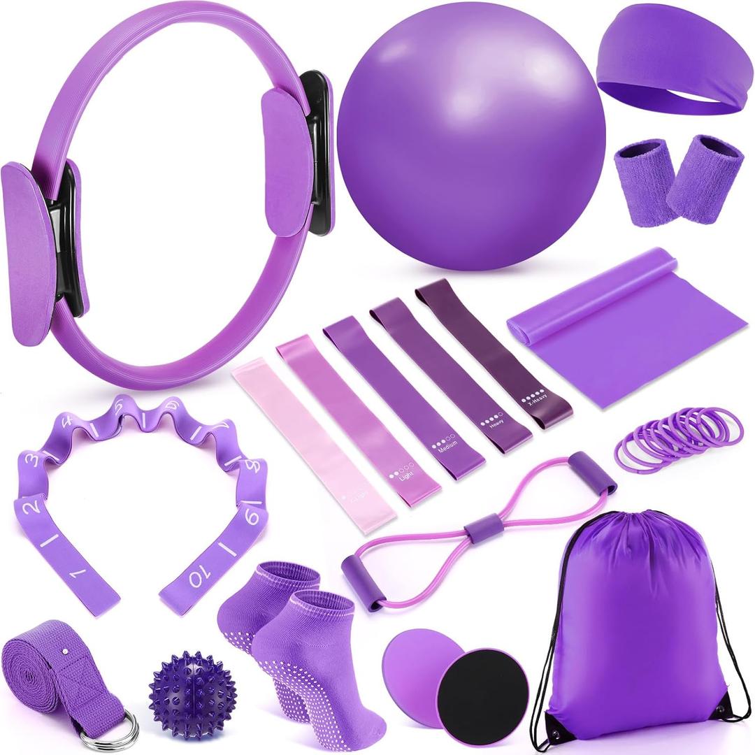 Poen 18 Pcs Home Pilates Ball and Ring Circle Set Yoga Fitness Essentials Kit with 5 Resistance Band Stretching Strap Non Slip Sock Ball Core Slider Wristband Headband Gym Bag for Women (Purple)