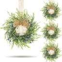 4 PCS Mini Blueberry Kitchen Cabinet Wreaths Artificial Spring Summer Farmhouse Hanging Wreaths Rustic Cedar Greenery Wreath with Burlap Bow for Front Door Cabinet Wall Window Wedding Home Decor