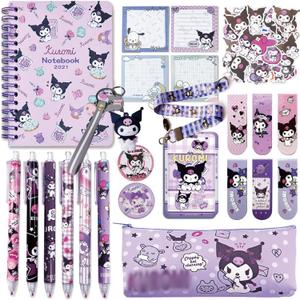 Cute Stationery Gift Set Kawaii Back to School Including Notebook Pencil Cas Ballpoint Pen ID Badge Holder Stickers Key Chain Bookmark purper