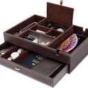 Baoyun Valet Tray for Men, 2 Layers Nightstand Organizers for Men and Women, Leather Jewelry Storage Box, Mens Dresser Top Organizer, Catch All for Jewelry Key Wallet and Phone (Brown) (Double-deck Brown)
