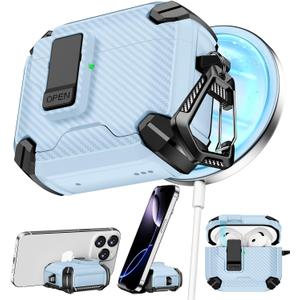 Compatible with AirPods 4th Case,Magnetic Automatic Lock with Phone Stand & Cleaning Kit,Compatible with Magsafe,Carbon Fiber Texture Cover -Light Blue