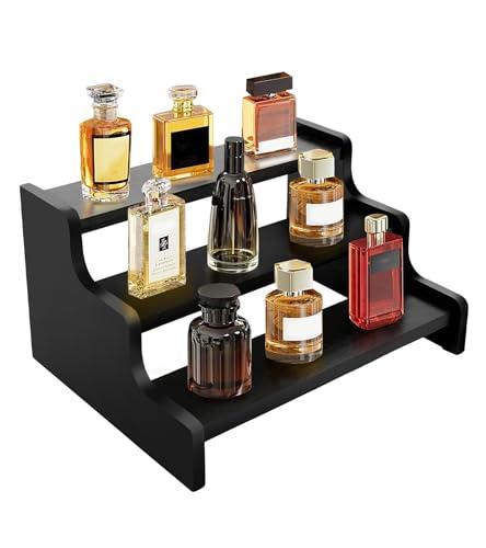 KISENG Wooden Cologne Organizer for Men, Cologne Stand with Anti-Slip Washers, Wooden Display Risers Stand for Figures, Fragrances, Dessert, Cupcake, Makeup (Black, 3-tier-9.4in)