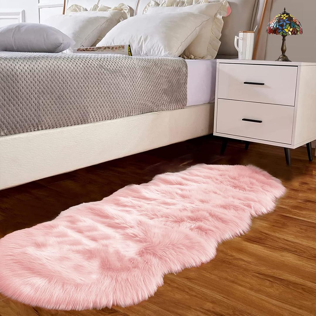 Goolela Pink Shag Rug Sheepskin Rug 2x6 Faux Fur Rug Washable Runner Rug for Bedroom Living Room Dorm Cute Shag Rug Fluffy Rug Home Decor, Sheep Skin