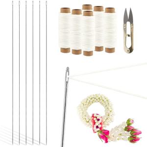 Ovrimelle 13 Pcs Lei Needle Kit, 6 Pcs 14 Inch Stainless Steel Long Lei Needle and 6 Rolls Twine 1 Sewing Scissors DIY Making Kit for Marigold Garland Hawaiian Flowers Bead Stitch Craft
