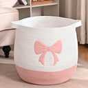 Large Baby Laundry Hamper, Pink Bow Laundry Basket for Baby Girl, Toy and Blanket Storage Basket for Nursery and Playroom, Cotton Rope Hamper for Kids, 17.7"x15.7"