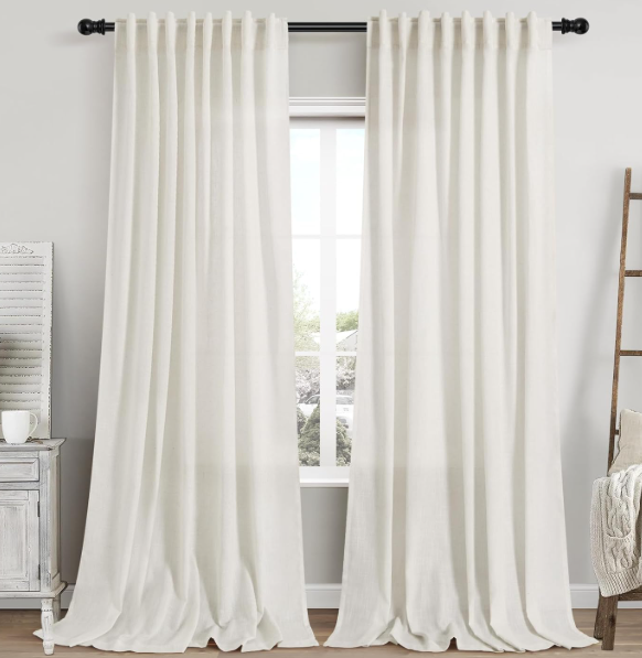 Nanspring Extra Long 108 Inch Curtains Linen for Living Room Black Simple Modern Privacy Curtains Back Tab Rod Pocket Long Semi Sheer Curtain Drapes for Bedroom 9Ft 60x108, Natural