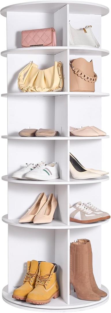 VEVOR 6 Tiers Rotating Shoe Rack Tower, 360Spinning Shoe Display, Revolving Shoe Rack Storage Round Carousel, Lazy Susan Shoe Rack Organizer, Ideal for Bedroom, Living Room, Entryway, White
