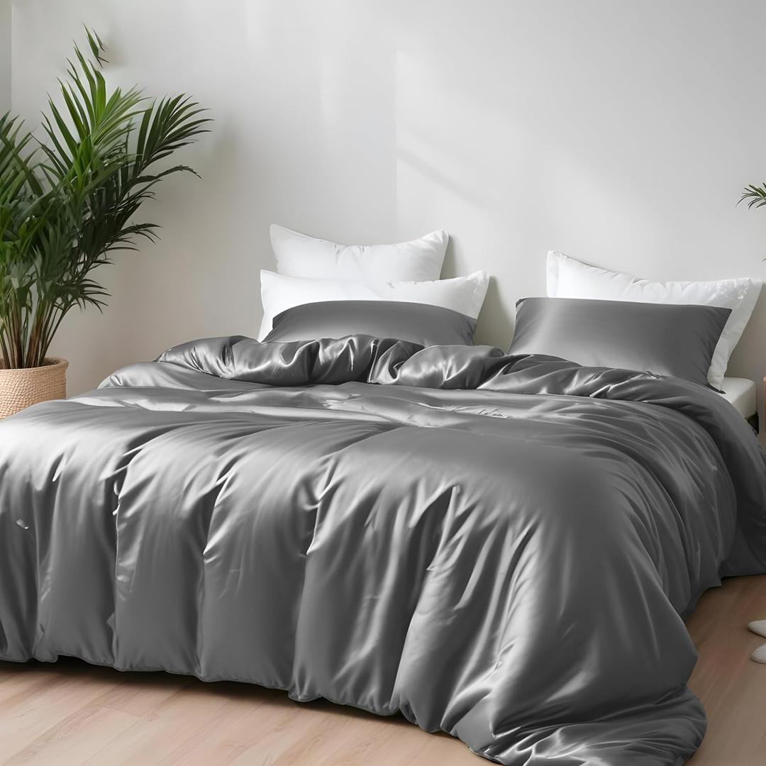 Linenwalas Duvet Cover Set King Size - Viscose Derived from Bamboo Soft, Breathable, Light Weight, Cooling Comforter Cover with Zipper Closure and Corner Ties (King, Charcoal Grey)