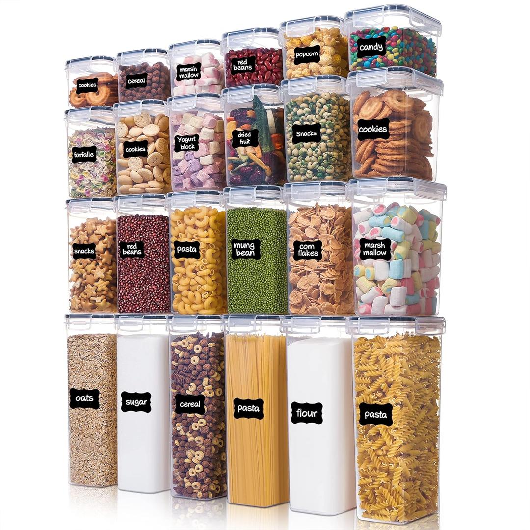 Airtight Food Storage Containers with Lids, Vtopmart 24 pcs Plastic Kitchen and Pantry Organization Canisters for Cereal, Dry Food, Flour and Sugar, BPA Free, Includes 24 LabelsBlack