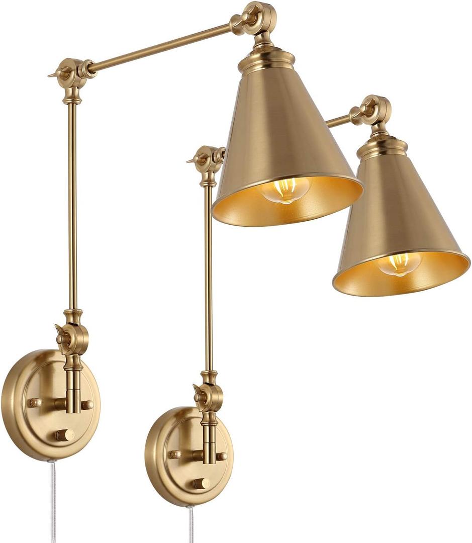 WINGBO Farmhouse Swing Arm Wall Sconce Set of 2, Industrial Adjustable Wall Lamp Light Fixture for Living Room Bedroom Vanity Study Desk Office, Plug in or Hardwired, Brass