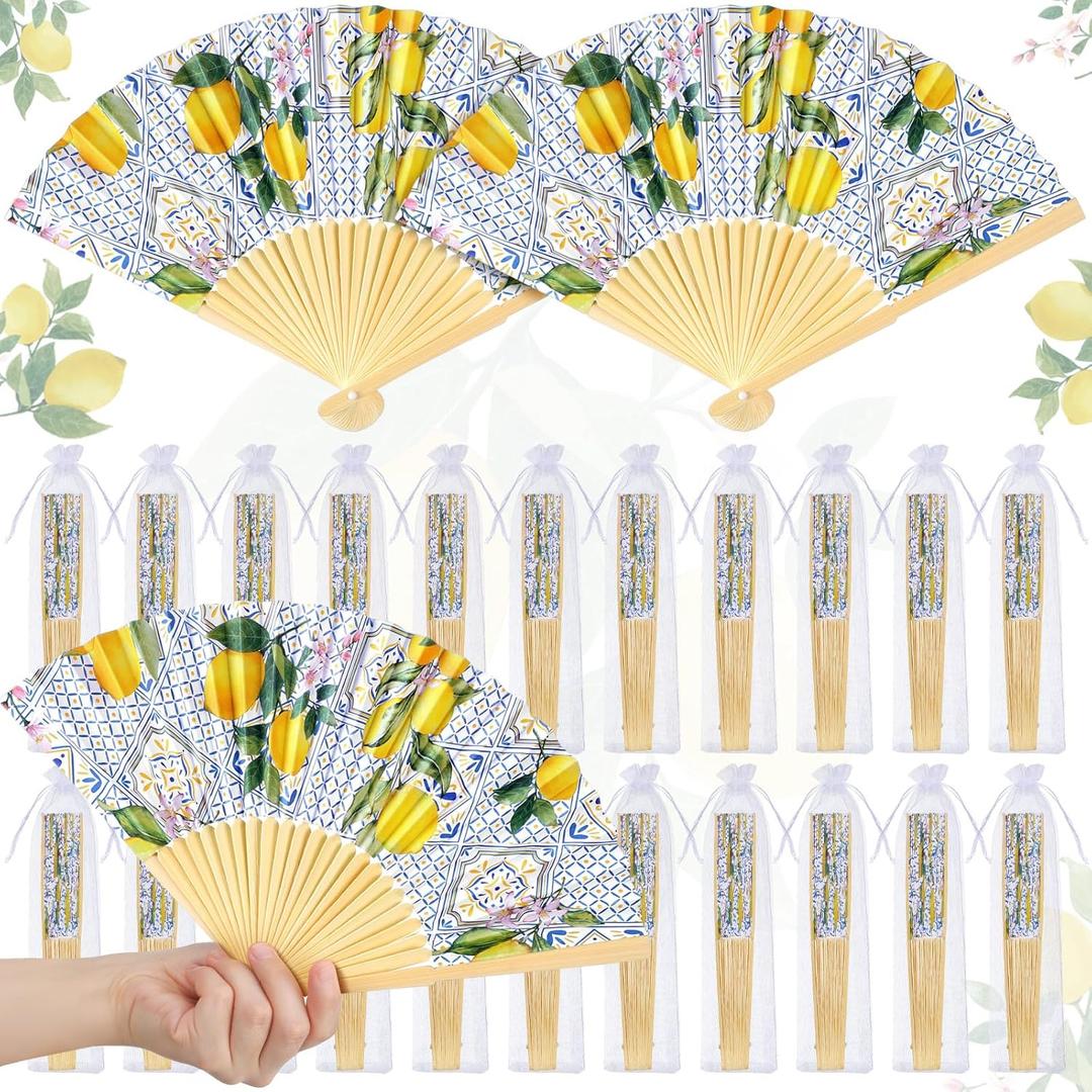 25 Sets Lemon Hand Folding Fans with Organza Bags Bulk, Guests Capri Lemon Wedding Favors for Decorations Mediterranean Paper Fans for Bridal Shower Wedding Bridesmaid Gift (Multicolor)