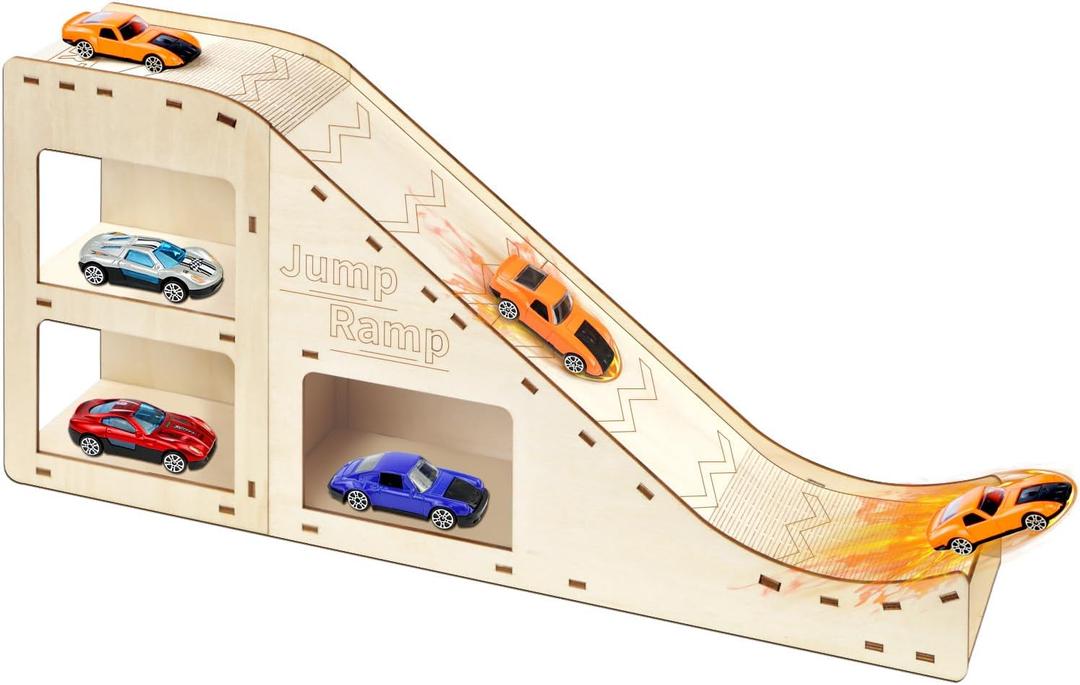 Toy Cars Jump Ramp, Toy Car Track Set for Hot Wheels, Race Cars Track for Hot Wheels and Diecast Cars, Playing/Storage/Display/Race Trackset, Wood Jump Ramp for Hotwheels and Montessori (White)