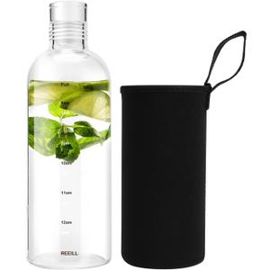 Clear Glass Water Bottles With Time Marker Non-slip Sleeve And Lids, Reusable Glass Drinking Bottles, Drink Water Bottle 26 OzSuitable For Drinks, Juices, Sodas, Coke, As Gifts Etc.(750ml)