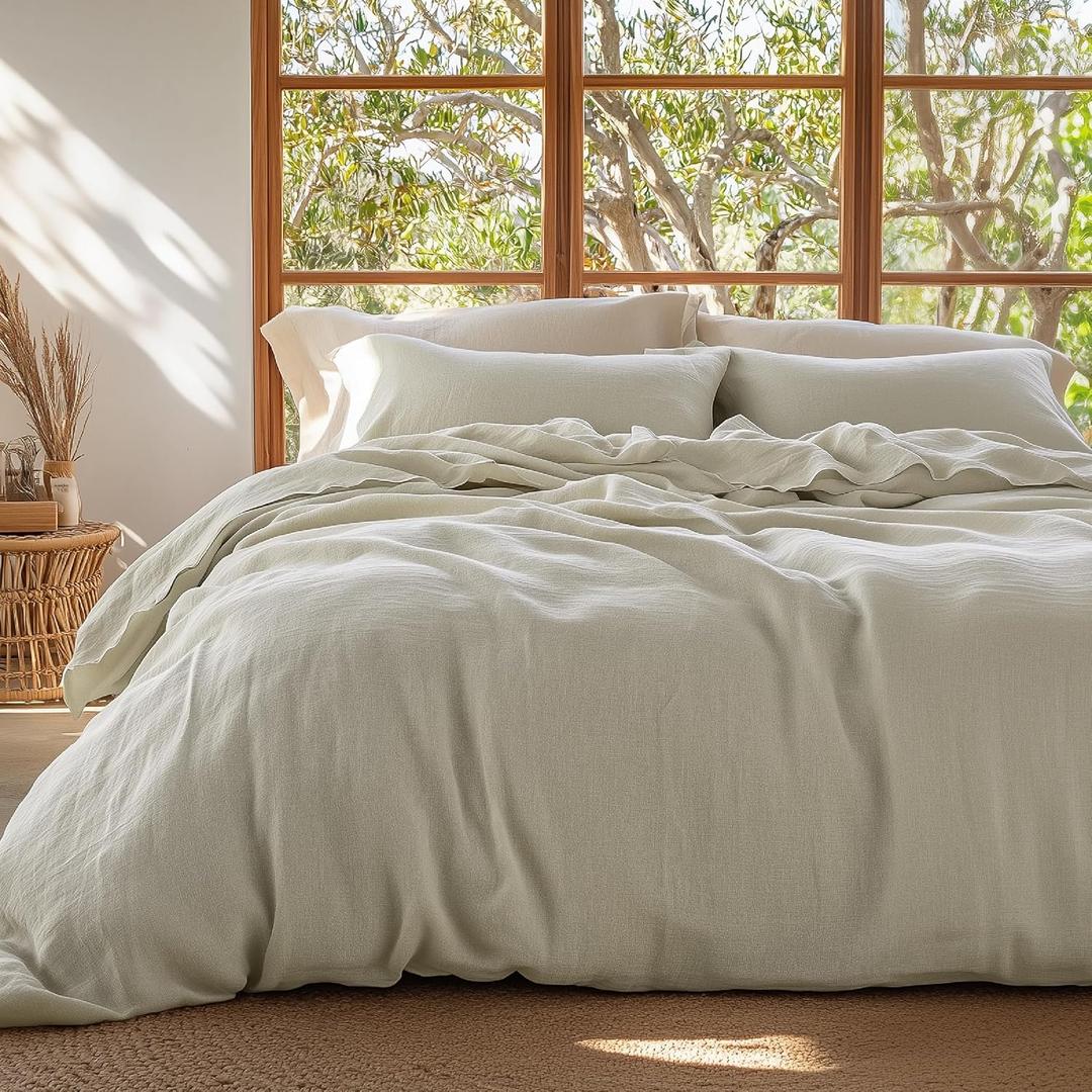 Bedsure 100% Muslin Cotton Duvet Cover Queen Size - Ultra-Soft, Breathable & Lightweight - Linen Like Gauze Comforter Cover Set with Button Closure and Corner Ties (Linen, Queen, 90"x90") (Queen (90" x 90"), 32 - Muslin Cotton - Linen (No Comforter))