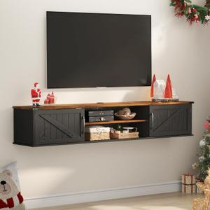 Floating TV Stand with Doors, 63'' Farmhouse Floating TV Shelf for TVs up to 80 Inch, 2 Tier Wall Mounted TV Stand, Floating Entertainment Center, TV Floating Cabinet for Living Room, Bedroom, Black