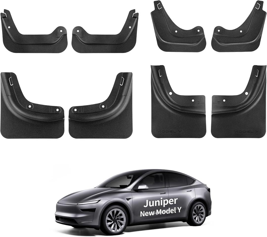 YONZEE Front & Rear Mud Flaps for Tesla Model Y Juniper 2026 2025, 8 Pack | Protect Paint, No Drilling Required, TPE Splash Guard, All Weather Mud Guards Body Kits, for Tesla New Model Y Accessories