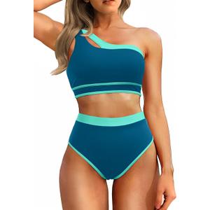 Tempt Me Women One Shoulder High Waisted Bikini Color Block Two Piece Swimsuits Cutout 2 Piece Bathing Suit (Small, Teal Green)