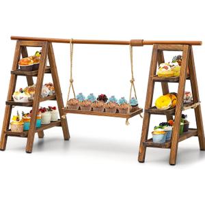 Wooden 3 Tier Swing Cupcake Stand with Serving Platter 20x30 Foldable Ladder Stand Dessert Display Cake Snack Fruit Bread Centerpieces for Party, Birthday, Wedding, Baby Shower(Dark Walnut)
