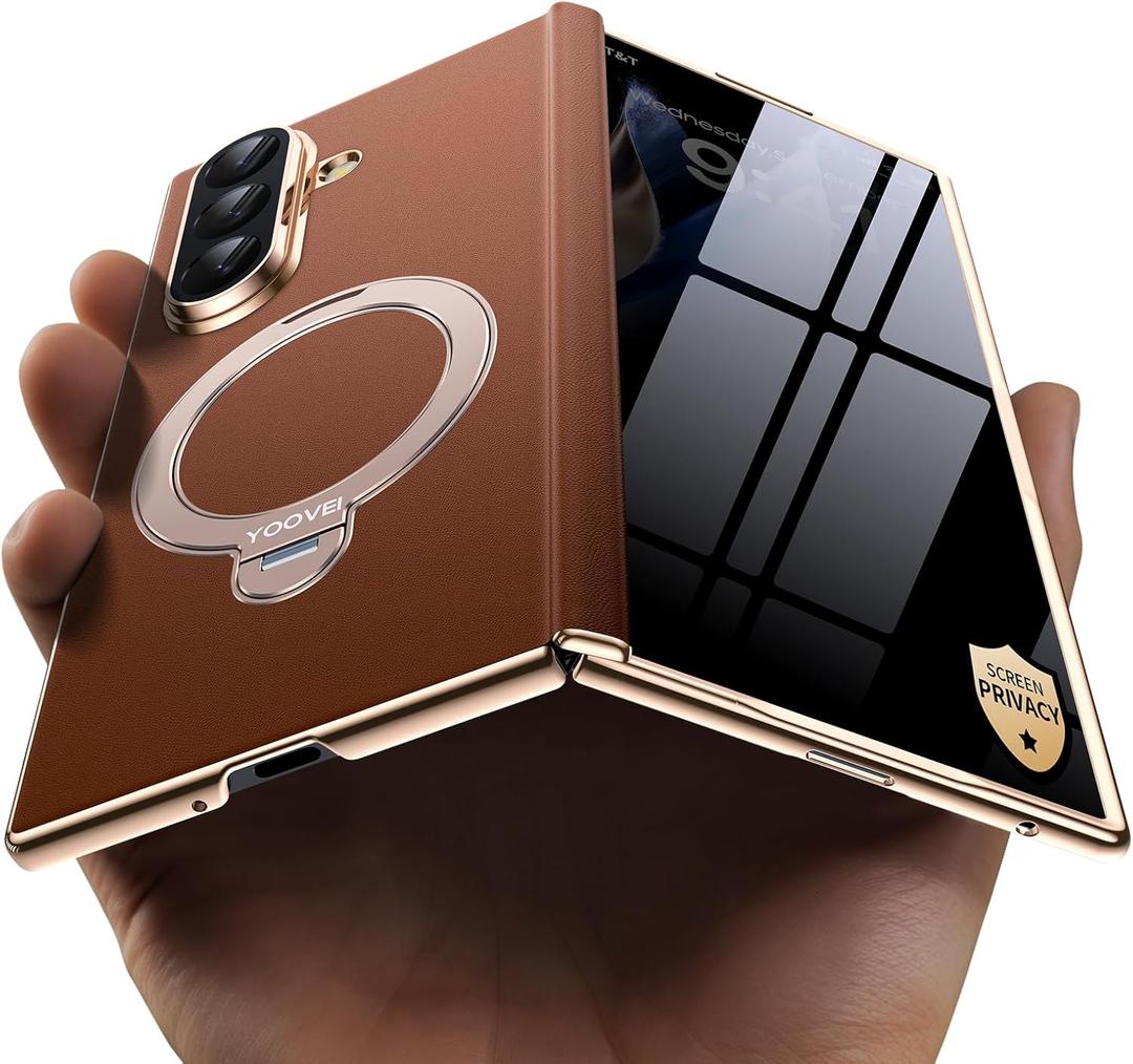 for Galaxy Z Fold 7 Case Luxury Leather with Privacy Screen Protector [Hinge Protection],Fit for Magsafe,Magnetic Kickstand & Ring Holder for Samsung Zfold 7 Case Brown