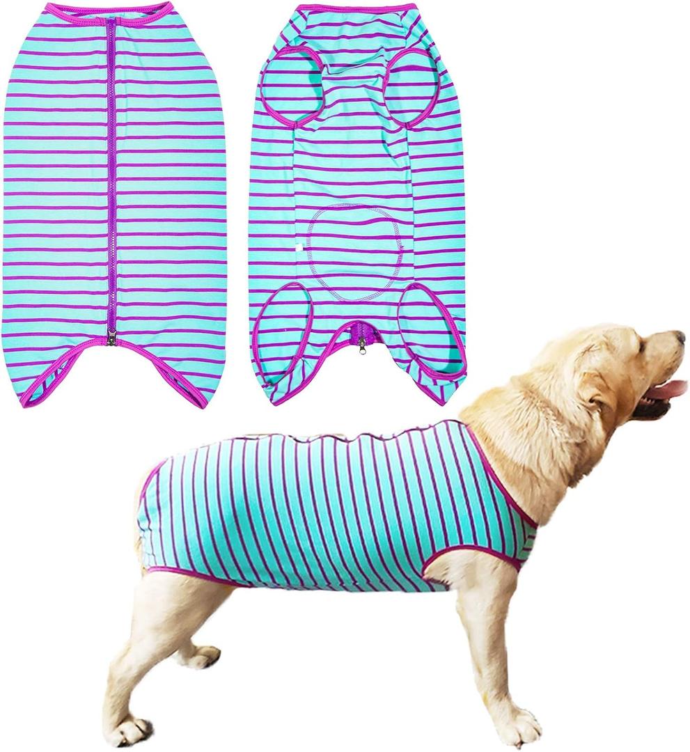 Dogs Recovery Suit Post Surgery Shirt for Female Male Dog, E-Collar Alternative Wound Protective Clothes (Purple stripe-3xl)
