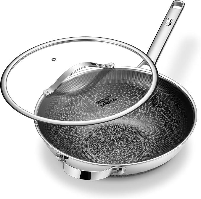 Wok pan with Lid, Hybrid Ceramic 13 Inch Tri-Ply Stainless Steel Woks
& Stir-fry Pans Nonstick, Non-Toxic, PFAS/PFOA/PTFE Free, Metal Utensil Safe, Dishwasher & Oven Safe, Induction Compatible