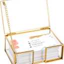 Feyarl Clear Gold Glass Business Card Box with Lid Name Card Display Organizer Container Collection Storage for Office Desktop Counter Top Meeting