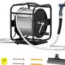 100ft Retractable Garden Hose Reel, Wall Mounted Metal Garden Hose Reel, Heavy Duty Stainless Steel Hose Reel with 9-Pattern Nozzle for Outside, Portable & 360 Rotation Frame