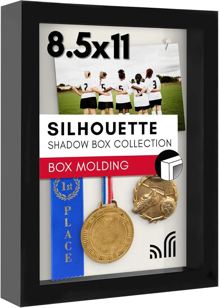 Americanflat 8.5x11 Shadow Box Frame with Shatter-Resistant Glass - Silhouette Collection - Large Shadow Box Display Case for Tabletop and Wall Display - Black with Soft Felt Back