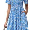 Womens Midi Floral Dress - Short Sleeve Wrap V-Neck Summer Dress with Smocked Waist - A-Line Spring Dress with Pockets, S
