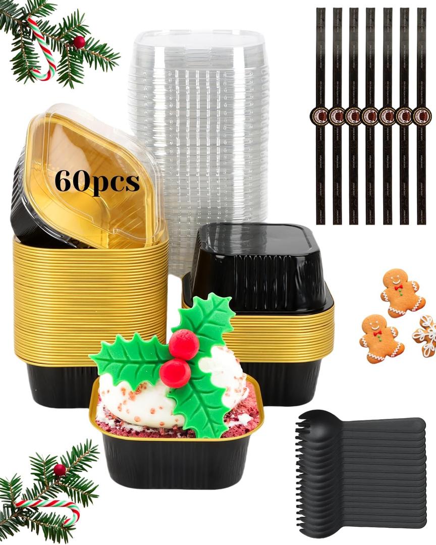 YQER 60 Pack 10oz Mini Cake Pans with Lids, Spoons, Stickers - Disposable Square Brownie Baking Cups - Individual Small Aluminum Foil Loaf Tins for Muffin, Ramekins, Cupcake - Catering, Gift, Black