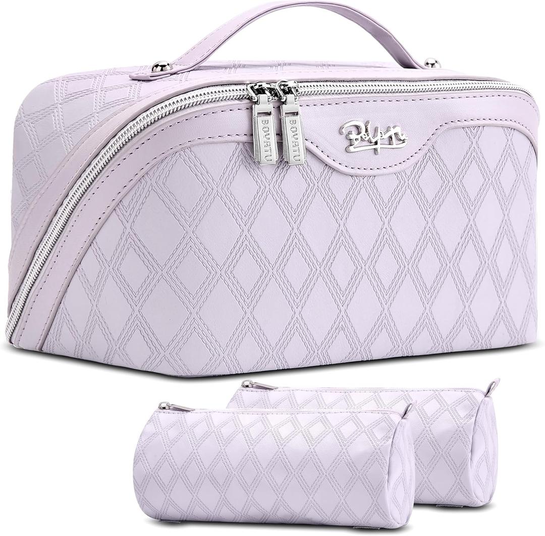 BOYATU Travel Makeup Bag for Women: Large Capacity 3-Piece Quilted Cosmetic & Toiletry Organizer - 2 Detachable Pouches Expand Storage by 50%, Open Flat for Easy Packing, Waterproof PU Leather(Purple)