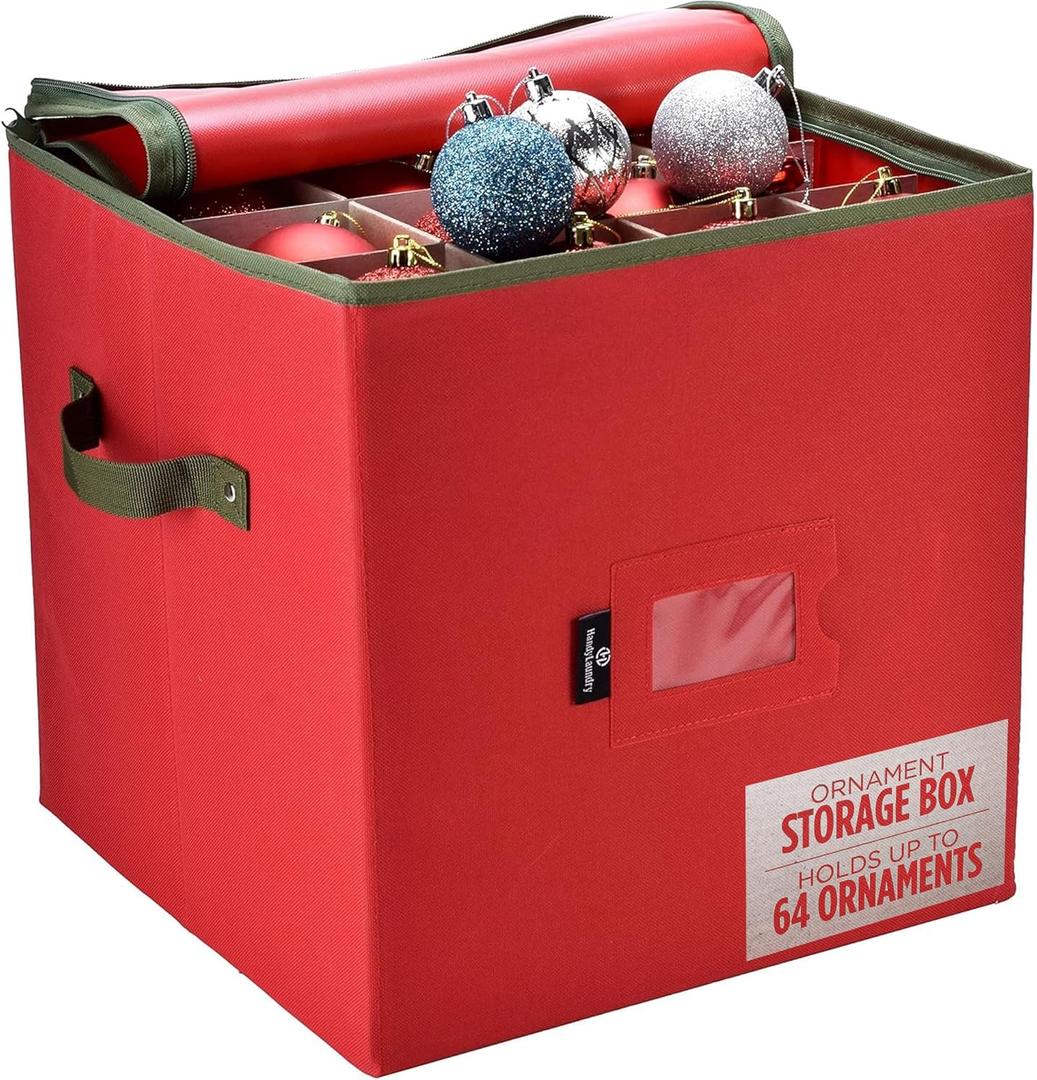 Handy Laundry Christmas Ornament Storage - Stores upto 64 Holiday Ornaments, Adjustable Dividers, Zippered Top, Two Handles. Storage Box Keeps Holiday Decorations Clean and Dry for Next Season. (Red)