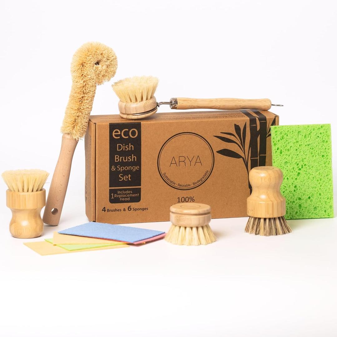 Wooden Dish Brush Set | 4 Kitchen Washing Up Brushes & One Replacement Head | Bamboo & Natural Fibers | Eco Friendly Wooden Pot Brush Scourer Scrubber Sponge Alternative