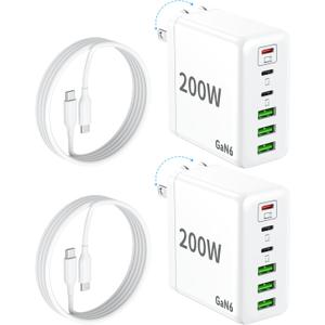 2 Pack USB C Charger Block, 200W GaN Super Fast Charger Type C iPhone 17 16 Fast Charging 6 Port Foldable PD Charging Station for All iPhone/Android Phone Samsung Galaxy S25/S24/MacBook iPad