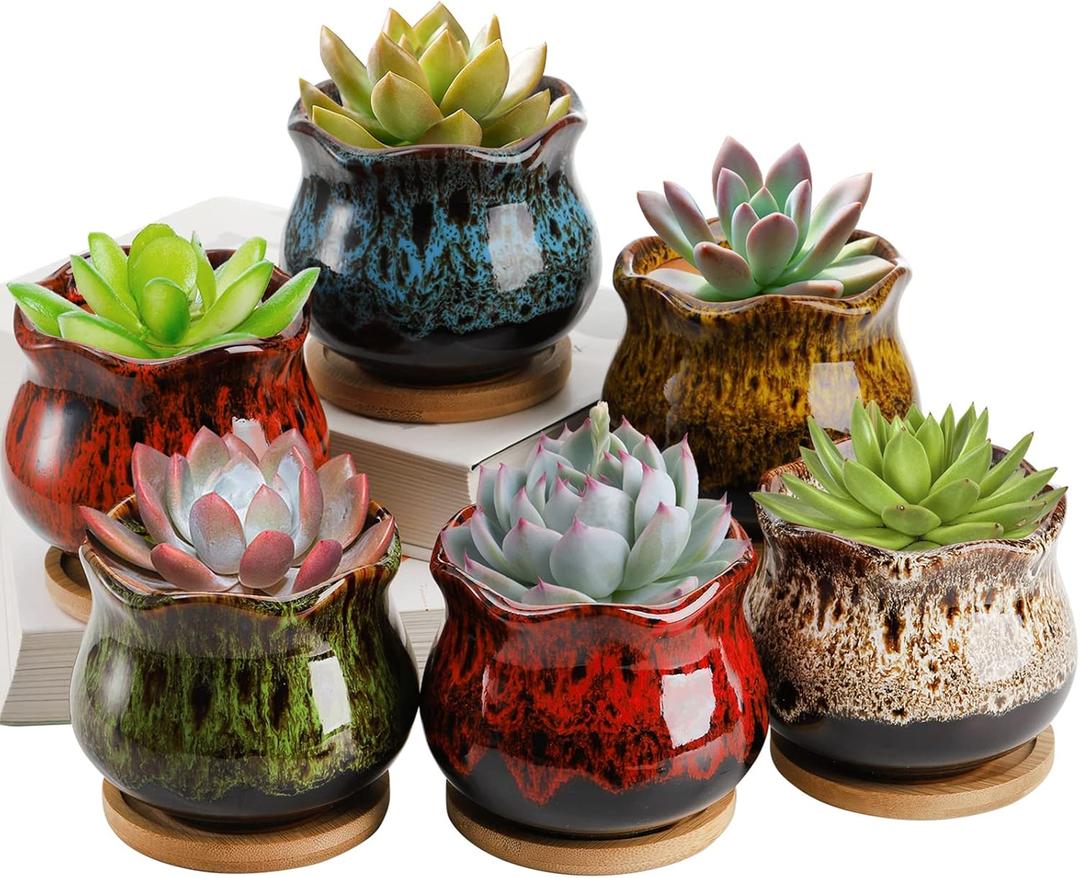 TOPZEA Set of 6 Succulent Plant Pots, 4 Inch Glazed Ceramic Cute Plant Pots with Drainage and Saucer, Mini Bonsai Planter Small Cactus Flower Pots for Indoor Outdoor Use