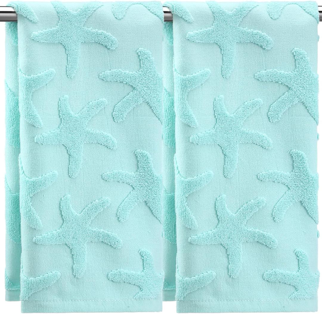 SmoothNovelty 2 Pcs Starfish Hand Towels for Bathroom 100% Cotton Jacquard Weave Bath Towel Set Soft Absorbent Dish Washcloth for Bathroom Kitchen Sea Theme Gifts 13.8 x 29.5 Inch (Blue Green)