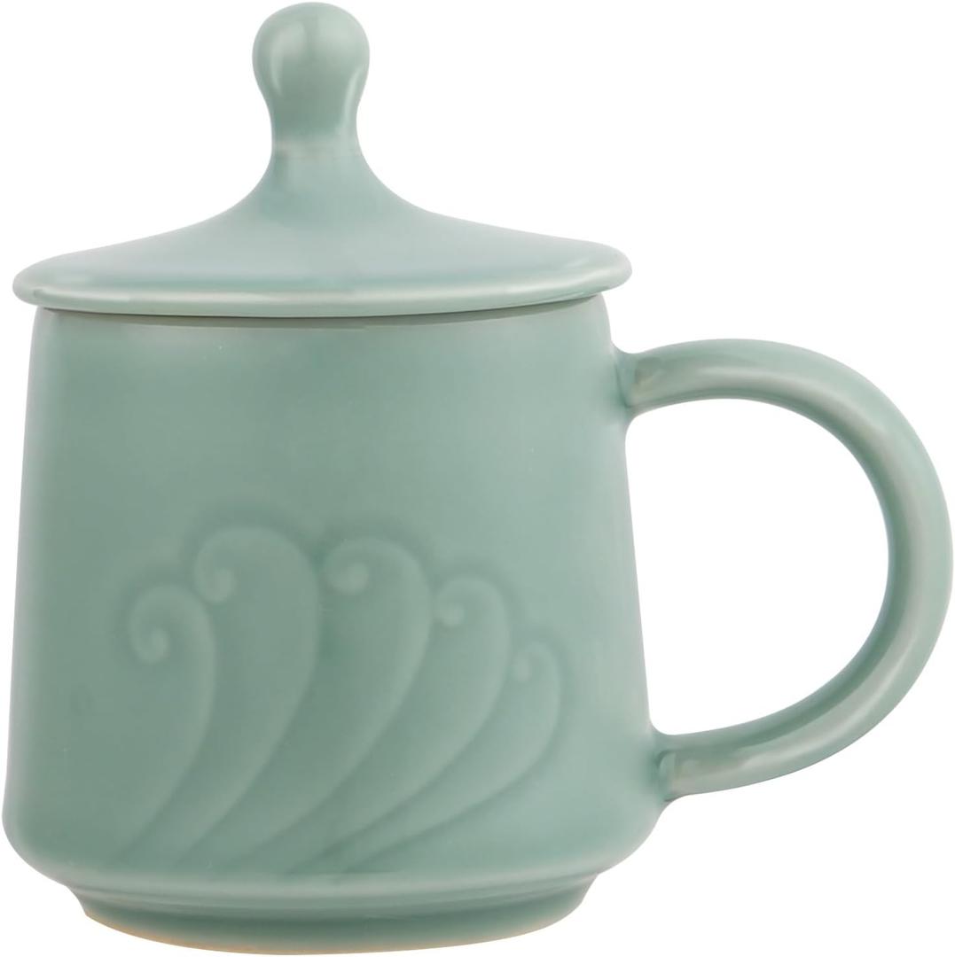 Porcelain Wave Tea Cup with Lid, 11 oz Ceramic Coffee Cup | Microwave dishwasher safe, blue tea mug, aesthetic, great gifts, Chinese celadon