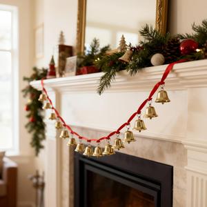 2 Pcs Bells Garland with 15 Gold Bells 6.5ft Red Velvet Ribbon Garland Rustic Vintage Jingle Ornaments for Tree Fireplace Wedding Mantle Indoor Decor