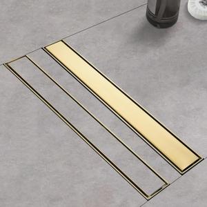 Linear Shower Drain with Tile Insert Panels 24 Inch Brushed Gold 304 Stainless Steel Rectangle Shower Floor Drainwith Hair Catcher, Adjustable Feet