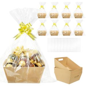 Ysglory 8Pcs Empty Gift Basket Set Thick Kraft Cardboard Basket to Fill with 8 Wrap Bags 8 Bows Large Gift Baskets Box for Christmas, Valentines Day, Birthday, Thanksgiving, Wedding