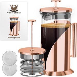 Cafe Du Chateau Stainless Steel French Press Coffee Maker - 34oz Insulated Coffee Press with 4-Level Filtration, BPA Free, Durable Glass, Great for Tea (C. Rose Gold)