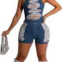 Novaorily Womens 2023 Summer Fashion Backless Denim jumpsuit Ripped Jean Romper High Waist Casual Overalls Size L
