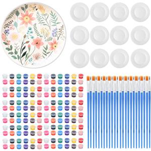 Marspark 12 Pcs 9 Inches Ceramic Painting Plate White Ceramic Plates with 12 Sets of 12 Colors Paint 12 Sets of 2 Brushes Porcelain Painting Craft Set for Family Gatherings Activities Art Supplies