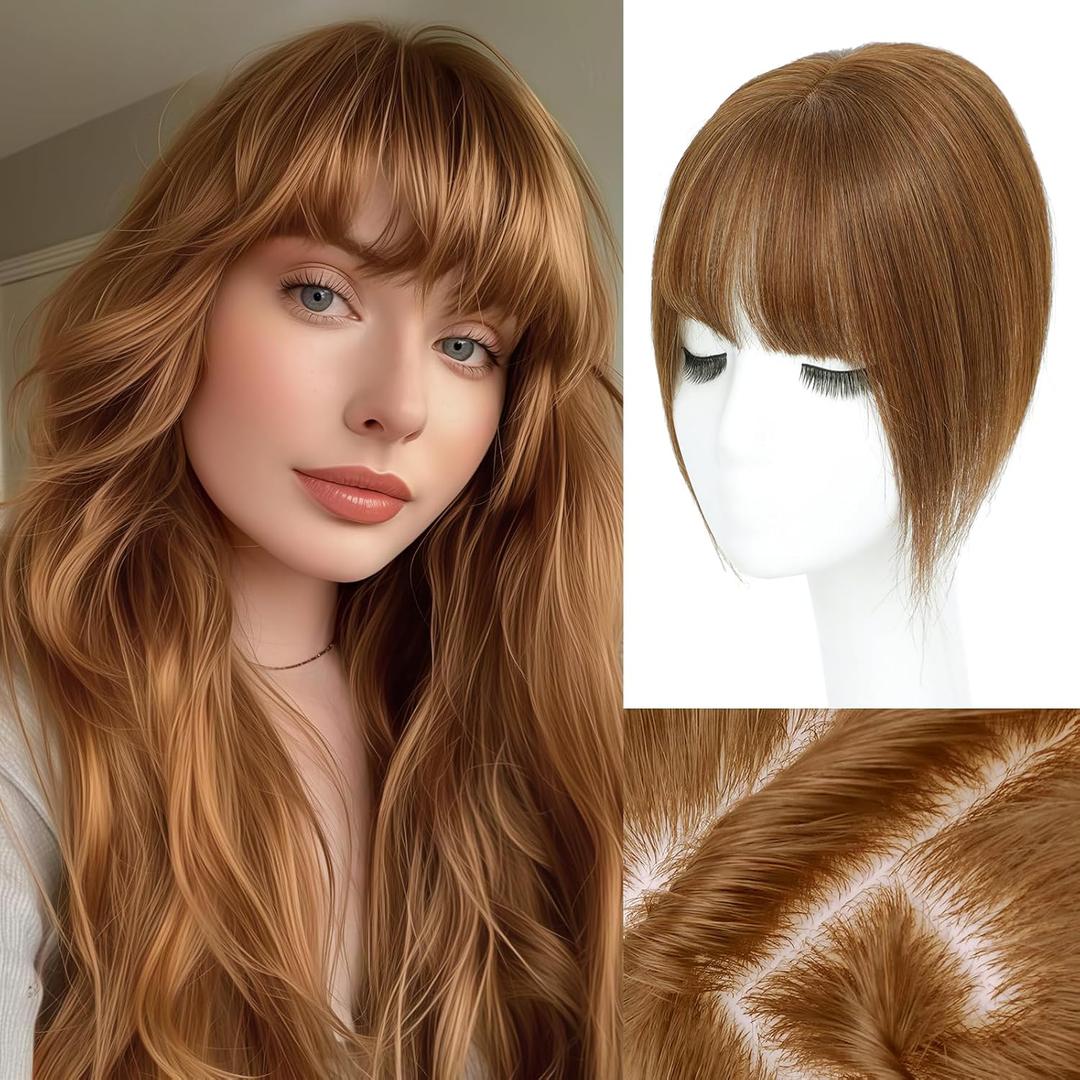 Hair Toppers for Women Real Human Hair, 360 3D Toppers Hair Pieces for Women with Thinning Hair 12 Inch Wispy Bangs Realistic Biological Scalp Wiglets (Light Brown, 7 * 11 Wispy Bangs)