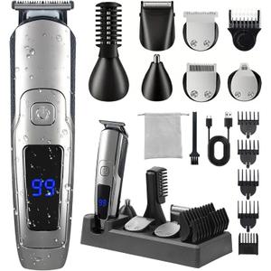 Beard Trimmer for Men, 20 Length Settings, 14-in-1 Cordless Grooming Kit, Waterproof Electric Razor for Men, Hair Trimmer, Nose Hair Trimmer, Cordless Hair Clippers with Travel Bag for Blade Storage (Silver)