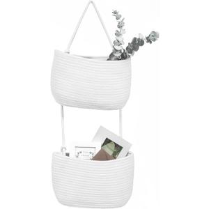 Over The Door Hanging Basket, 2 Tier Cotton Rope Woven Baskets, Magazine Racks, Wall Mount Hanging Storage Baskets,Decorative Door Organizers for Living Room, Bathroom and Bedroom (White)